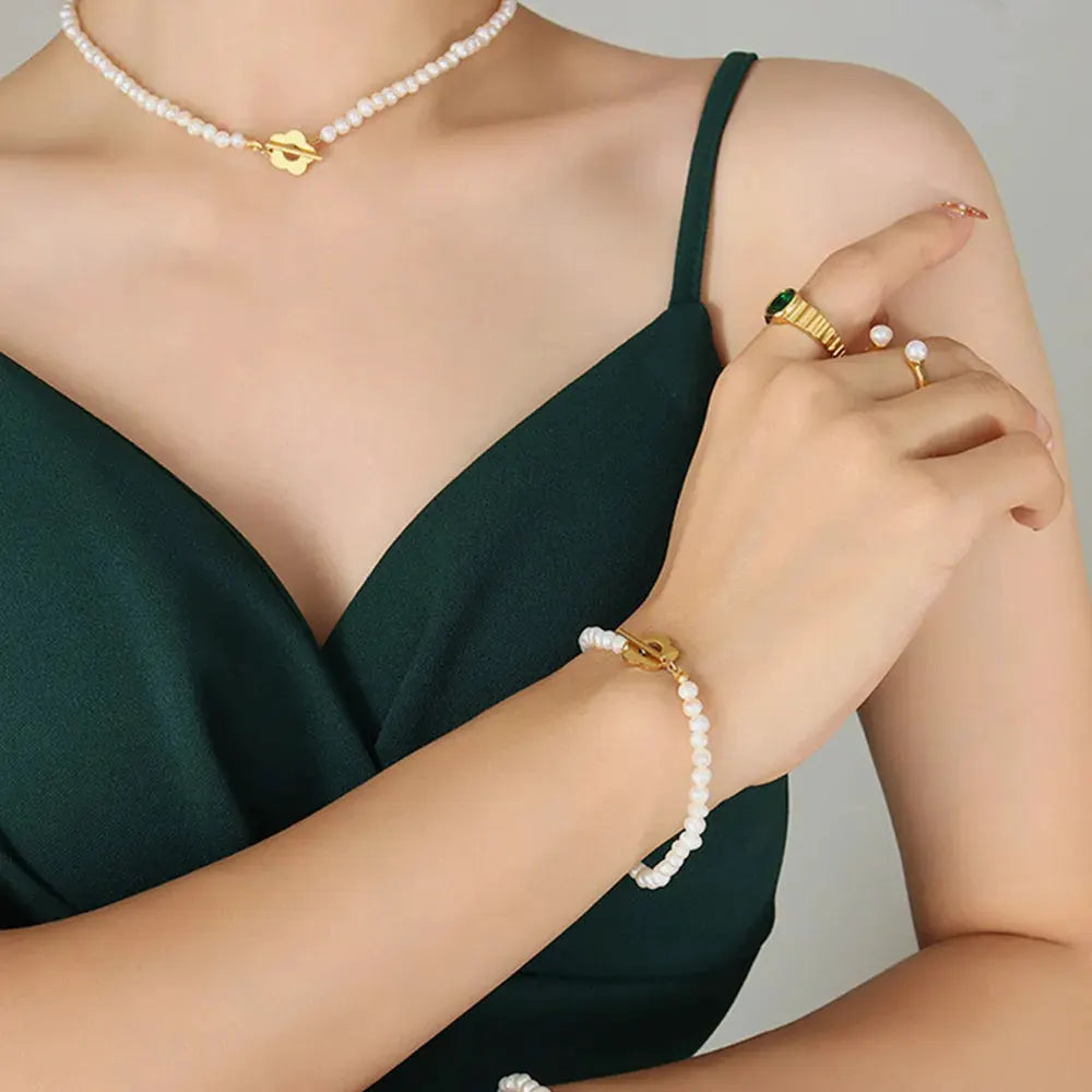 Titanium Steel Pearl Flower Bracelet by Partner Label
