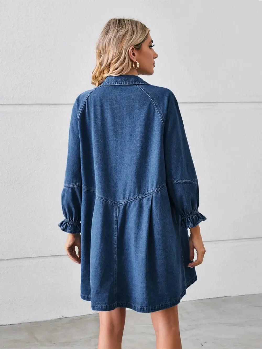 Button Up Flounce Sleeve Mini Denim Dress by Partner Label