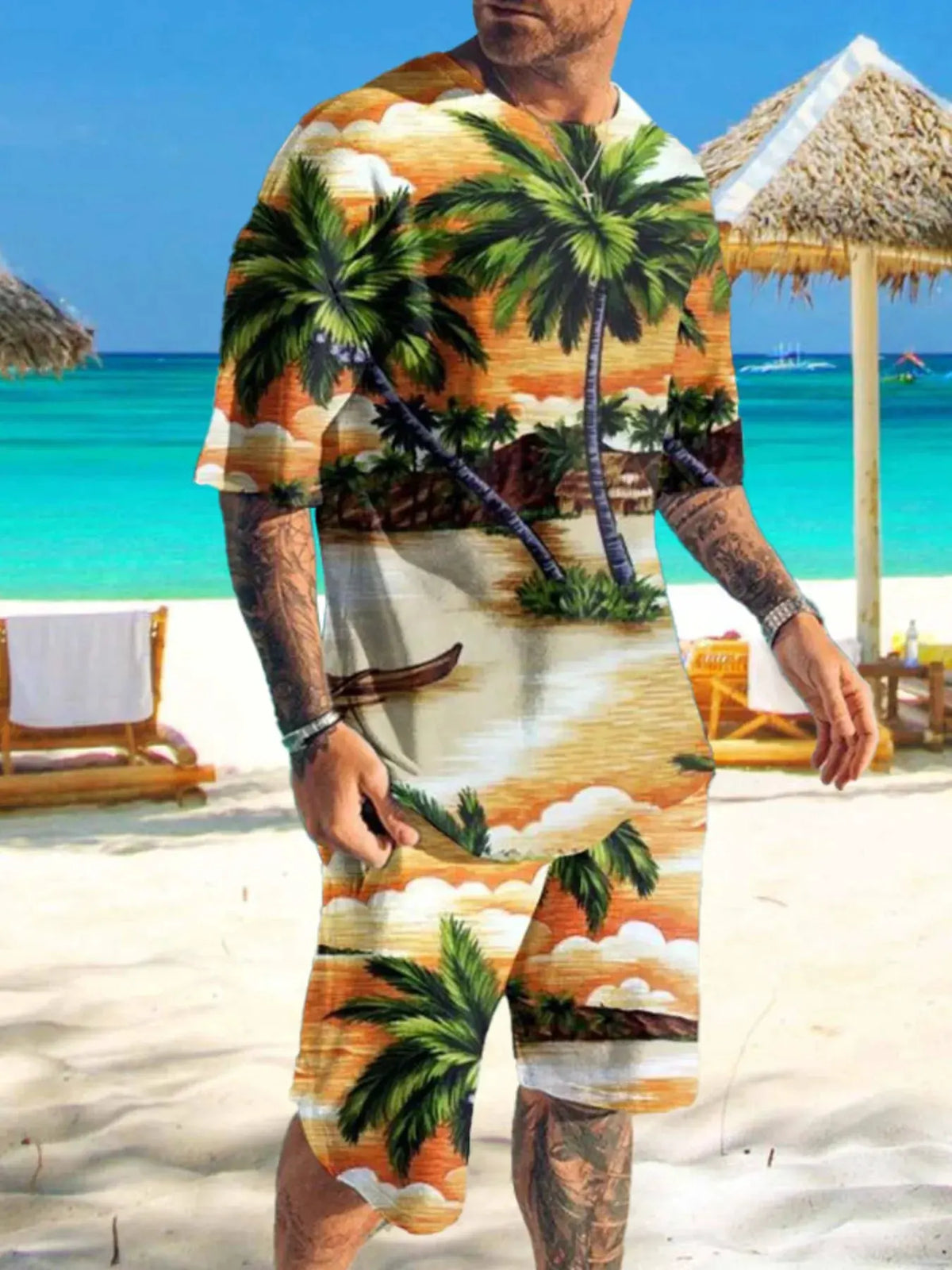 Men's Full Size Printed Short Sleeve Tee and Shorts Set Plus Size by Trendsi