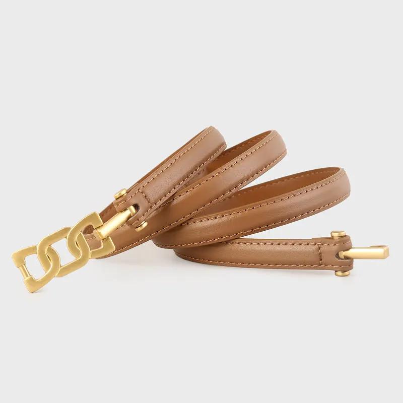 Gold Buckle Skinny Leather Belt by Trendsi