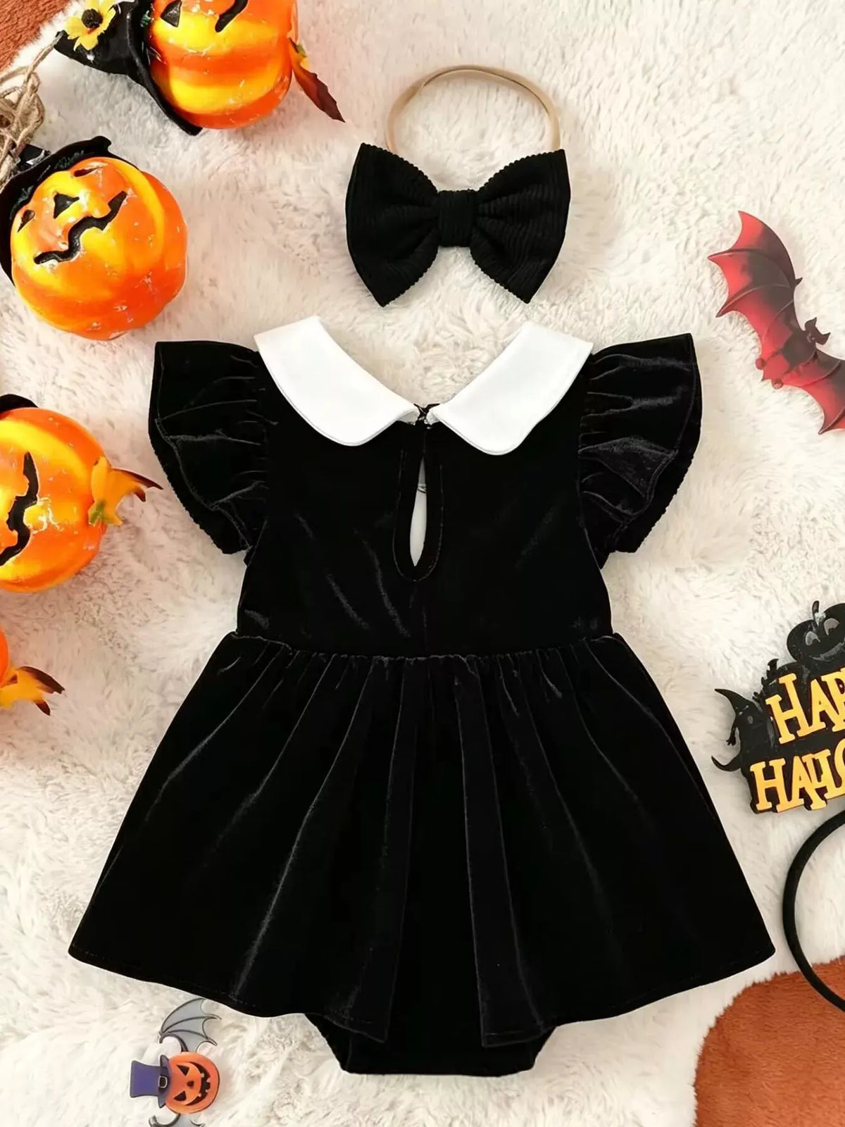 Children's Halloween 'BOO' Ghost Velvet Bodysuit Dress and Bow Headband Set by Trendsi