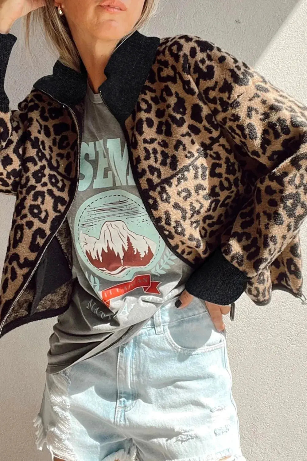 Leopard Zip Up Long Sleeve Jacket by Partner Label