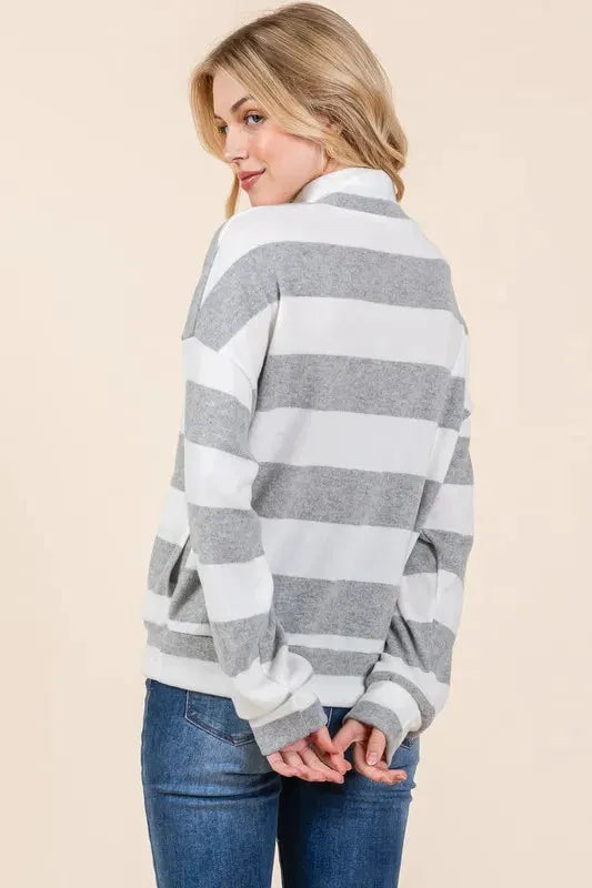 BOMBOM Striped Quarter Zip Drop Shoulder Sweatshirt by BOMBOM