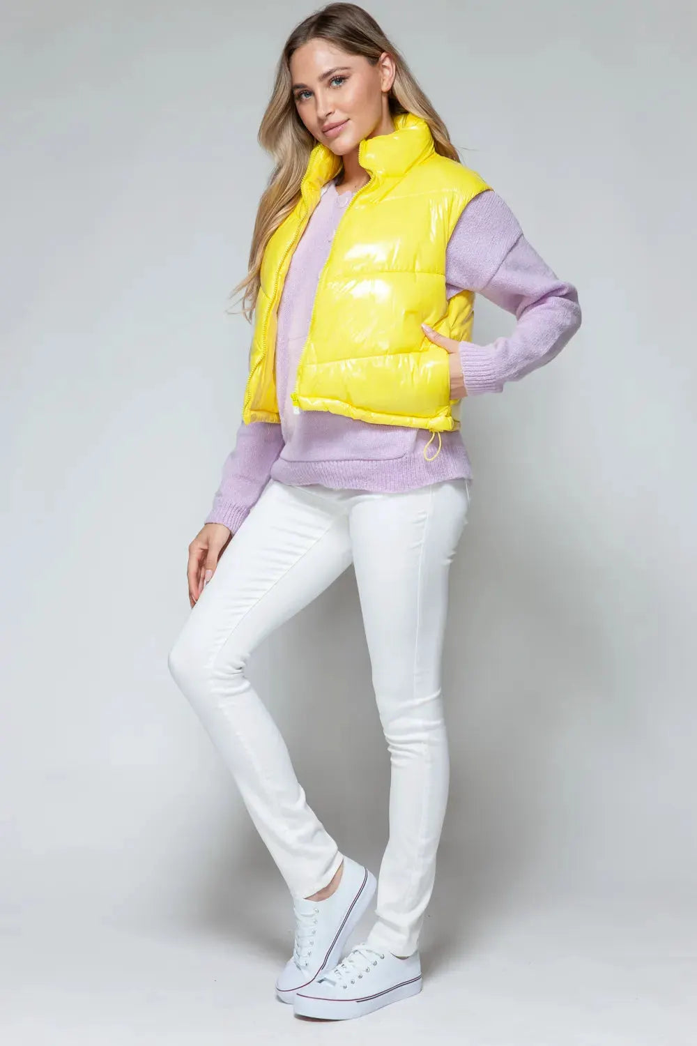 Snobbish Zip Up Turtleneck Shiny Quilted Vest by Snobbish