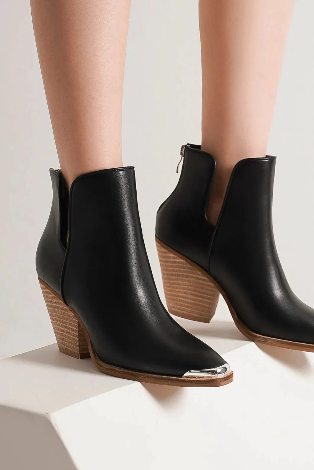 Beast Fashion Pointed Metal-Tip Toe Block Heel Ankle Boots by Beast Fashion