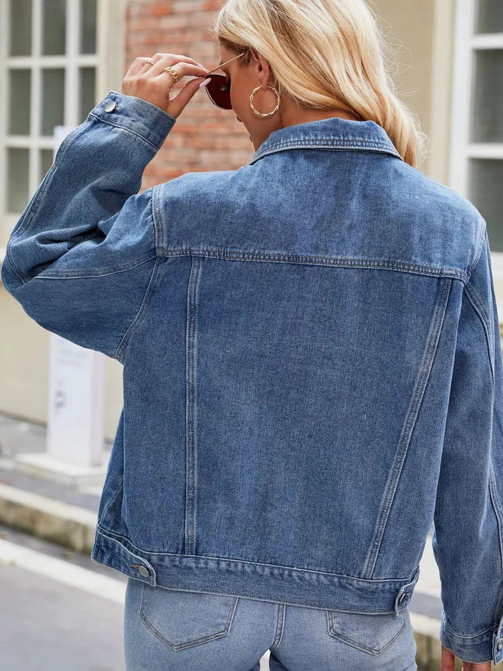 Pocketed Collared Neck Denim Jacket by Partner Label