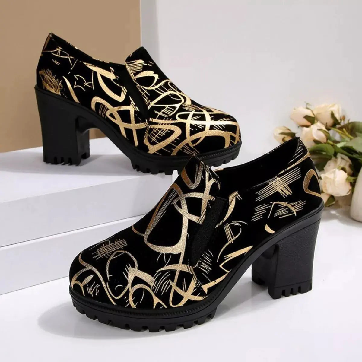 Round Toe Block Heels Pumps by Partner Label
