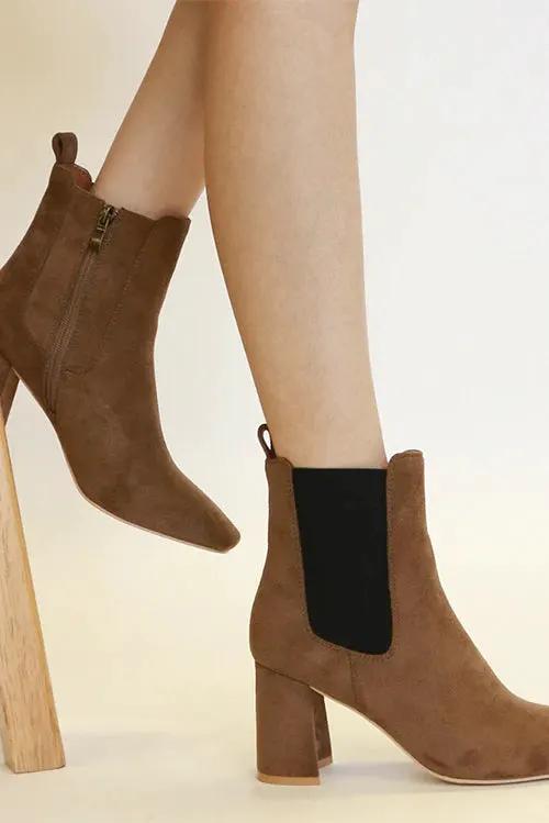 Beast Fashion Faux Suede Block Heel Chelsea Boots with Elastic Side Panel by Beast Fashion