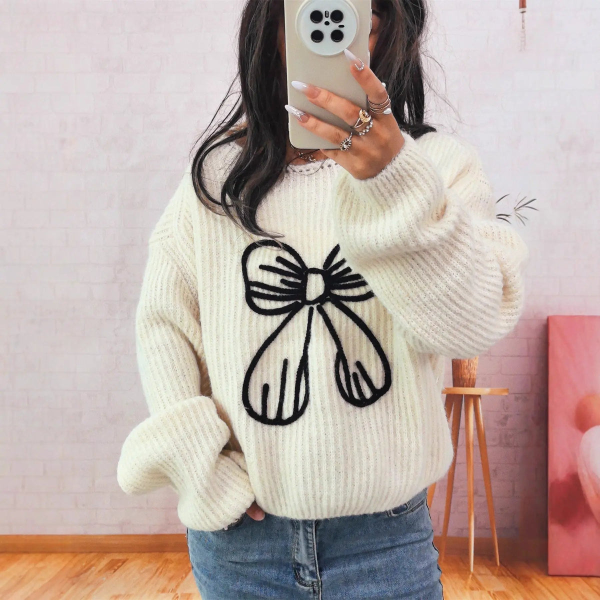 Simple Casual Bow Embroidery Decoration Knitted Long Sleeve Sweater by Maiden-Art