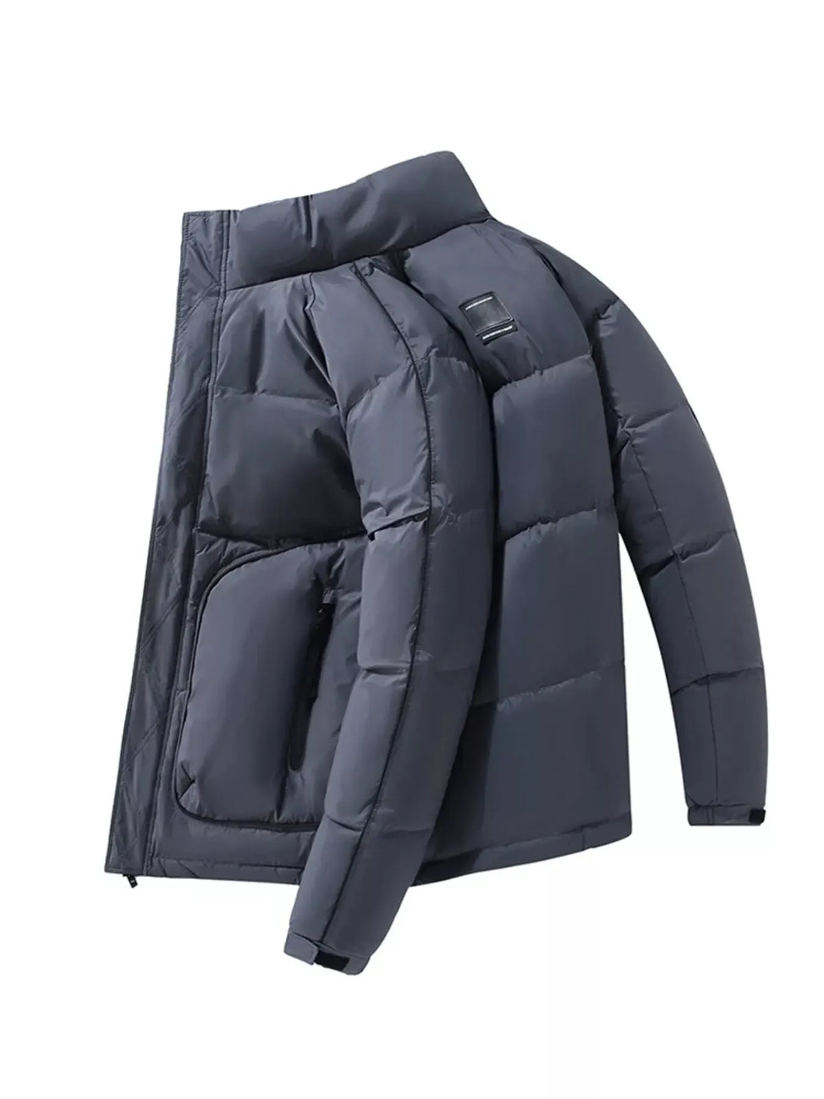 Men's Plus Size Stand Collar Puffer Jacket with Side Zipper Pockets by Partner Label