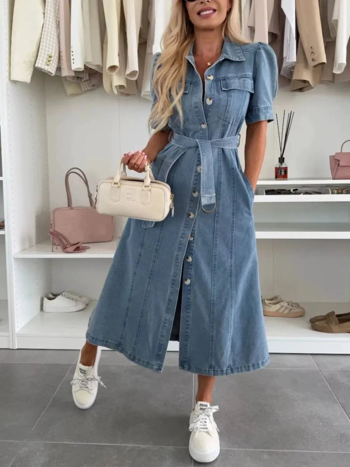 Puff Sleeve Button Down Belted Denim Midi Dress by Partner Label