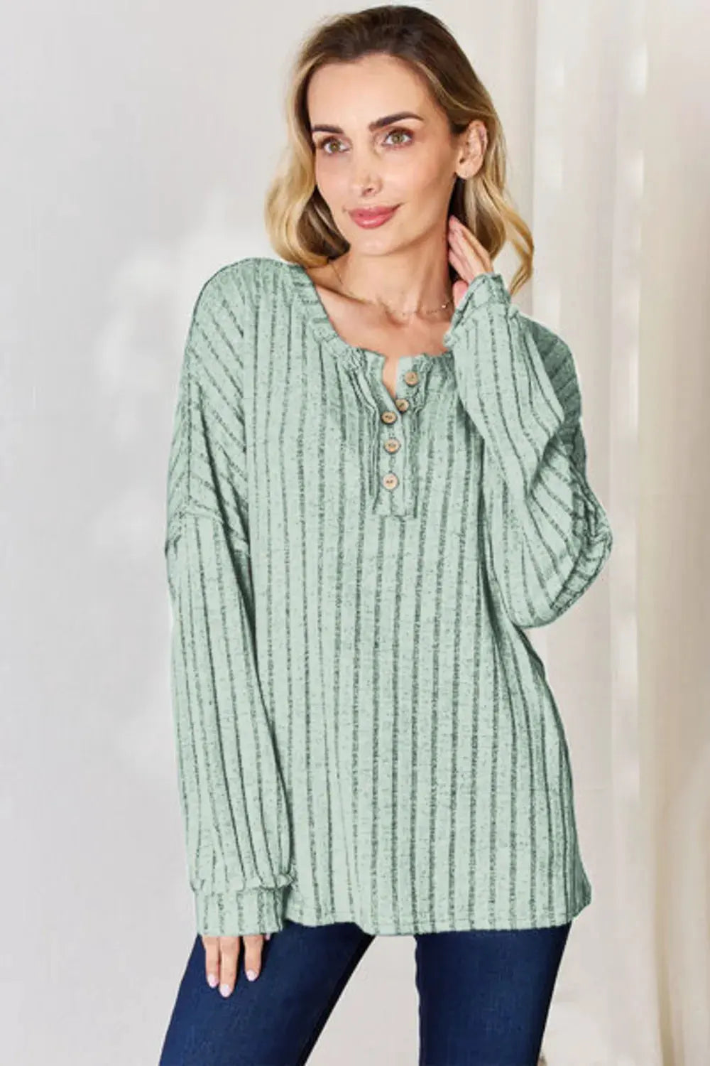 Basic Bae Full Size Ribbed Half Button Long Sleeve T‑Shirt | Partner Labels Selection by Partner Label