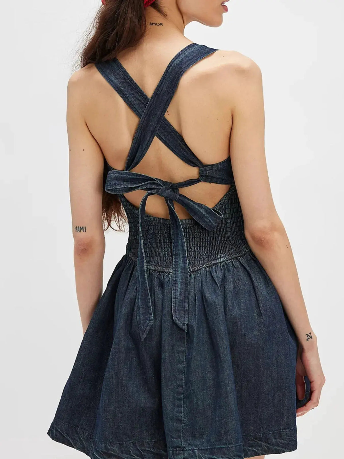 Smocked Crisscross Back Denim Mini Dress by Partner Label