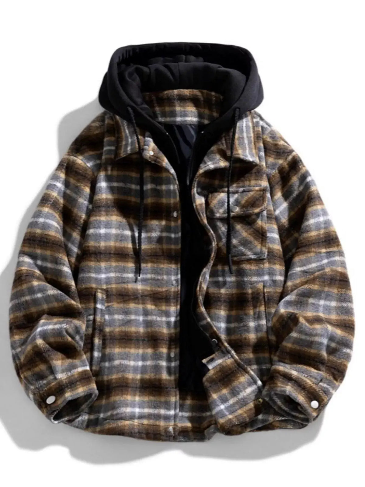 Men's Plus Size Drawstring Hooded Plaid Shirt Jacket by Partner Label