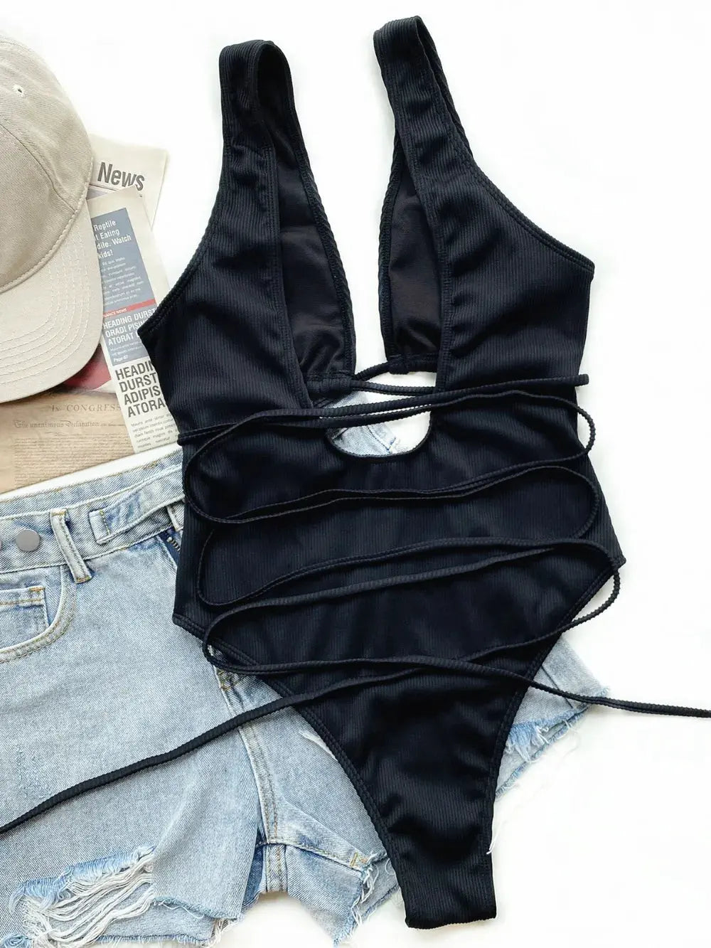 Ribbed Lace Up One-Piece Swimsuit by Partner Label