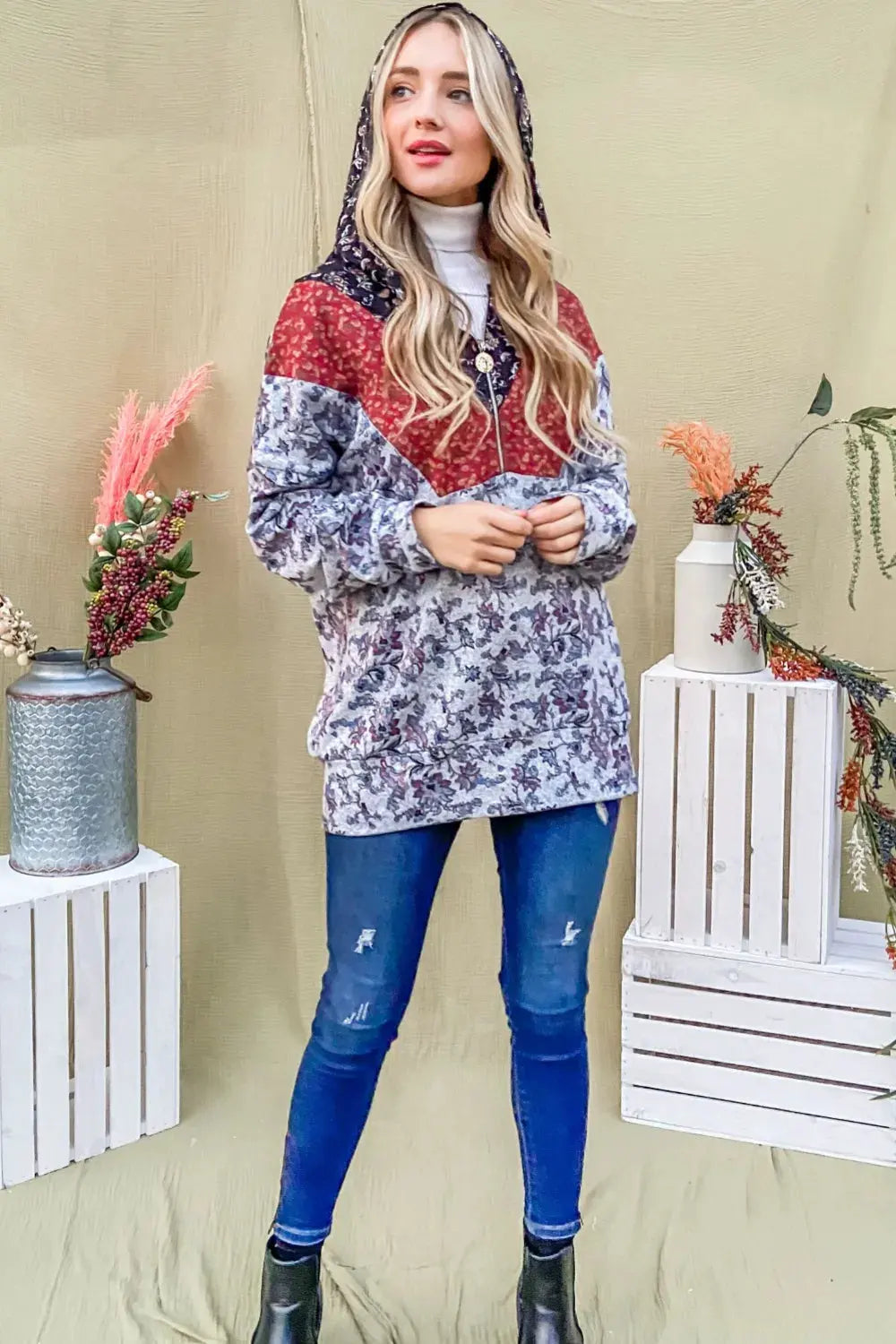 And The Why Printed Half Zip Up Long Sleeve Hoodie by And The Why