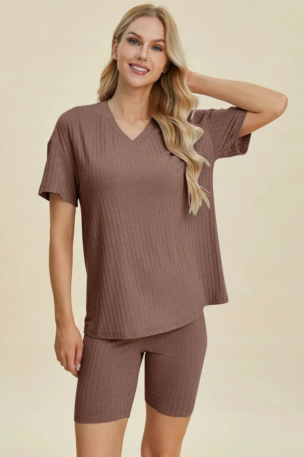 Basic Bae Full Size Ribbed V-Neck Short Sleeve Top and Shorts Set by Basic Bae