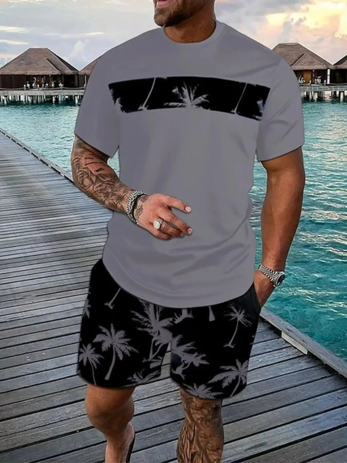 Men's Full Size Tropical Palm Tree Tee and Shorts Set Plus Size by Partner Label