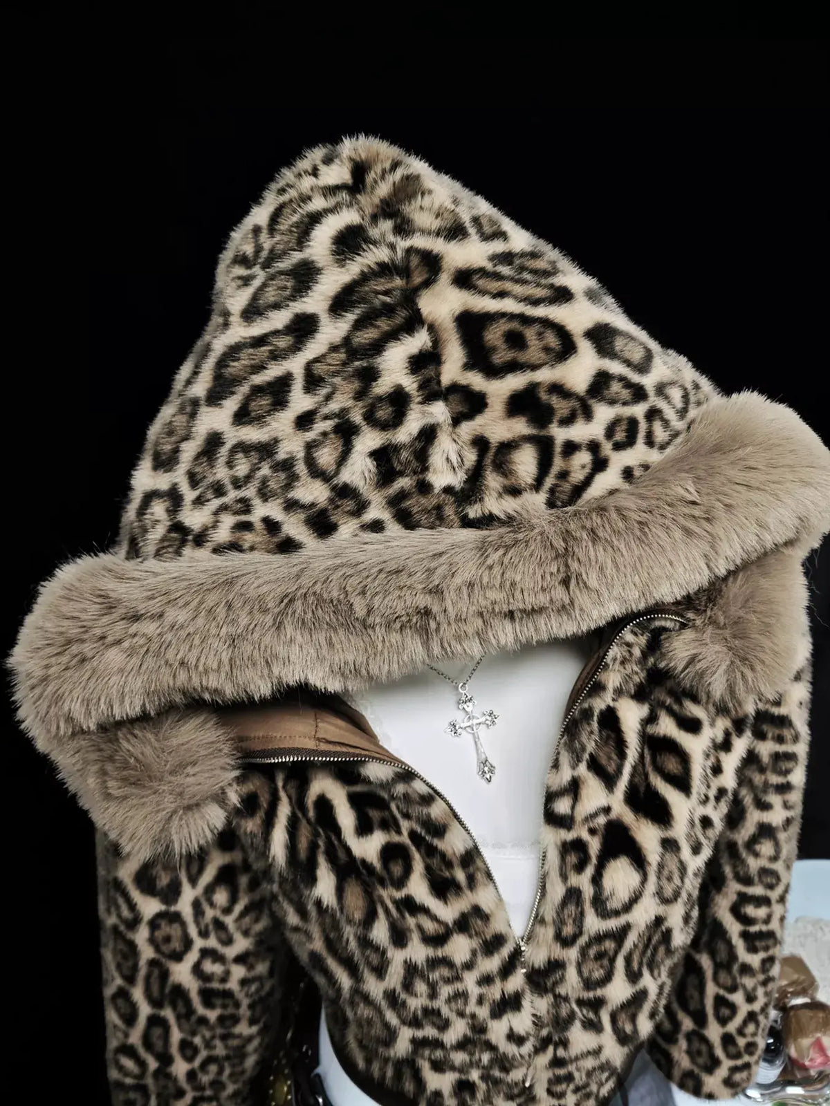 Leopard Faux Fur Hooded Outerwear by Partner Label