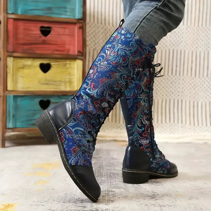 Embroidered Lace-Up Knee High Boots by Partner Label