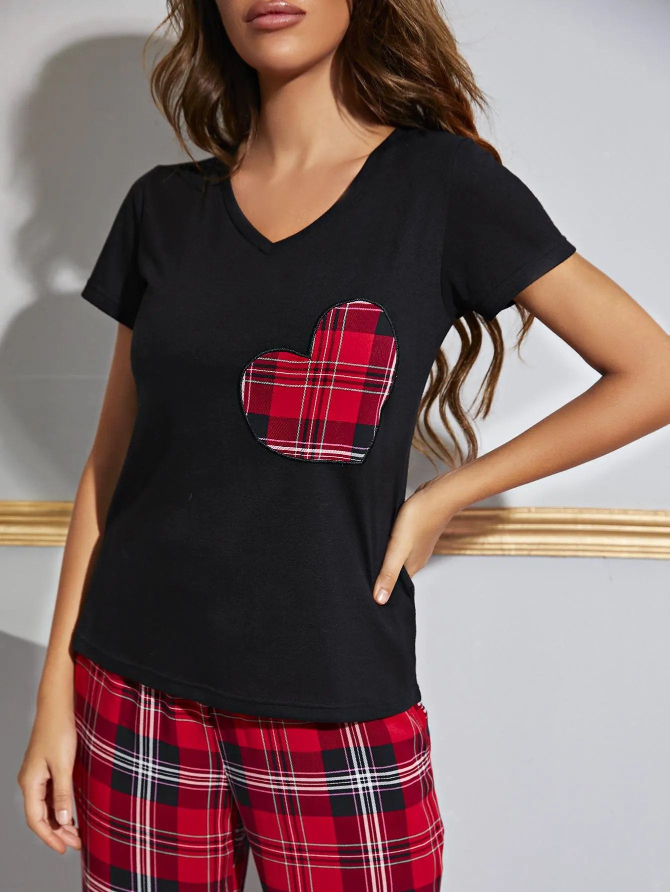 Heart Graphic V-Neck Top and Plaid Pants Lounge Set by Partner Label