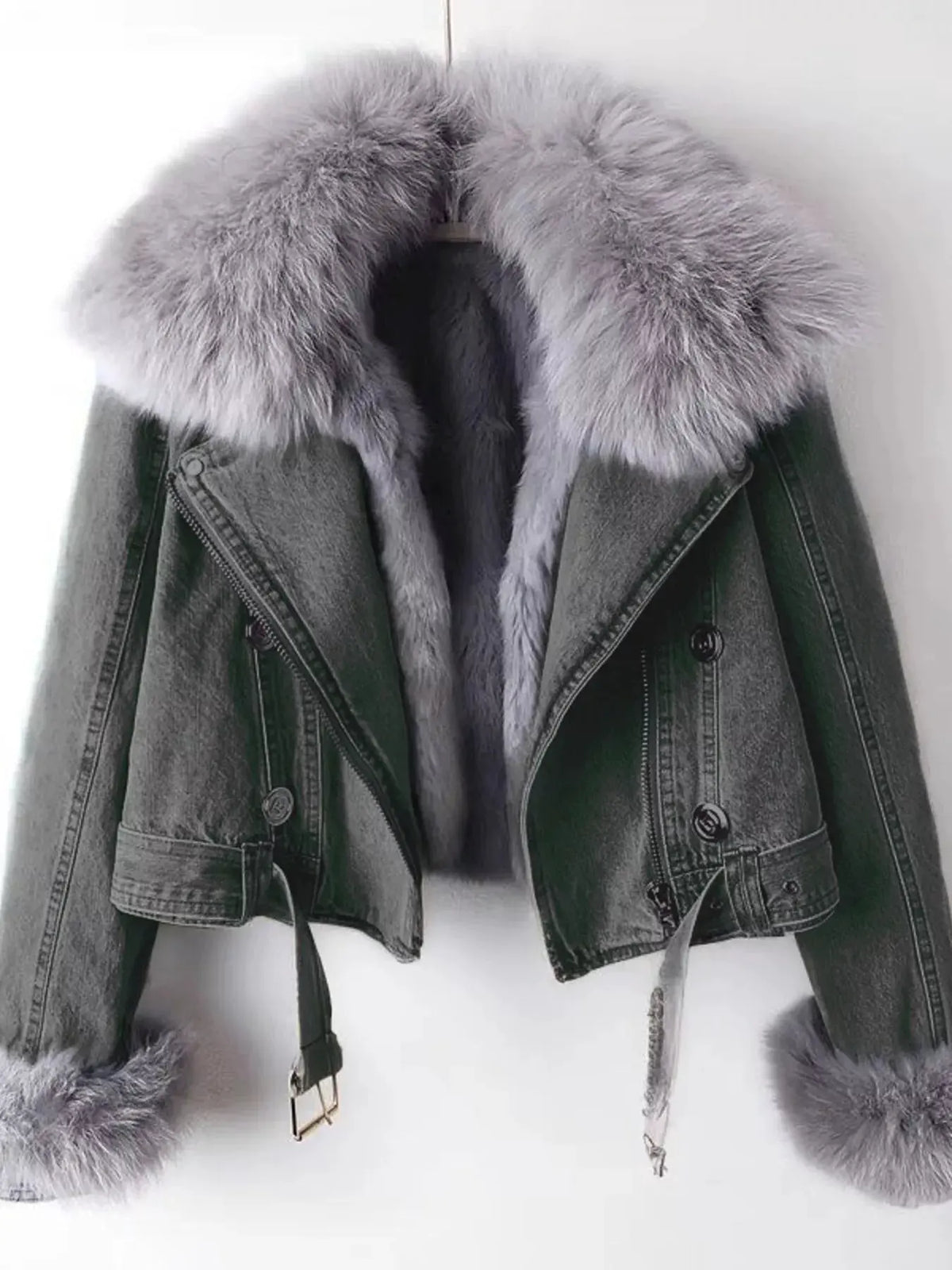 Full Size Faux Fur Collar Denim Jacket Plus Size by Partner Label