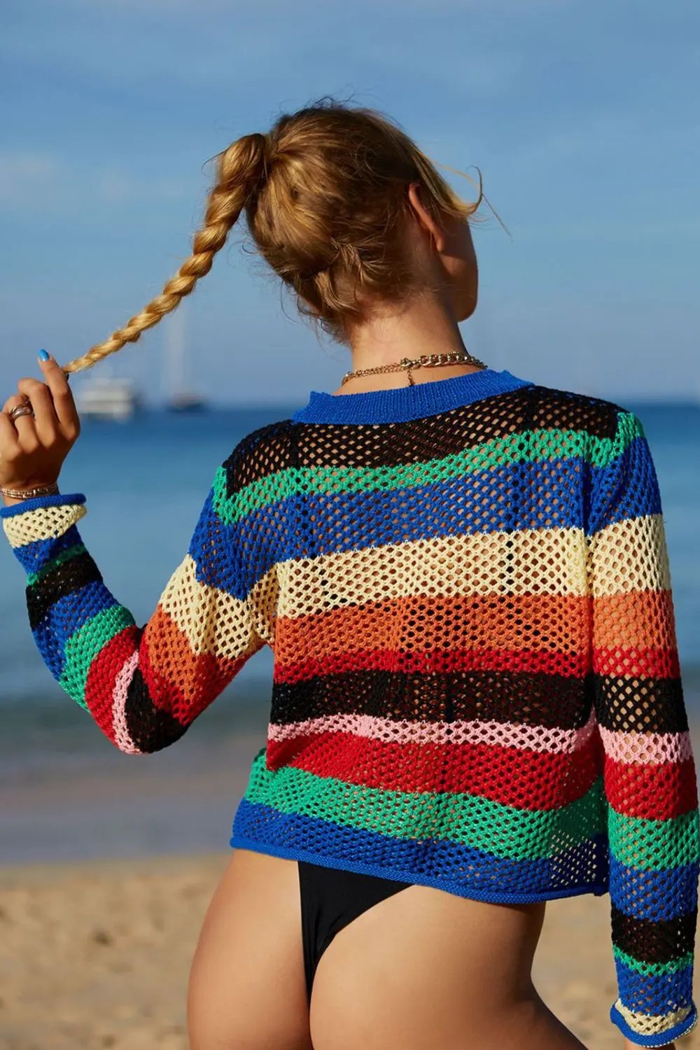 Angel Wings Rainbow Stripe Openwork Long Sleeve Cover-Up by Partner Labels