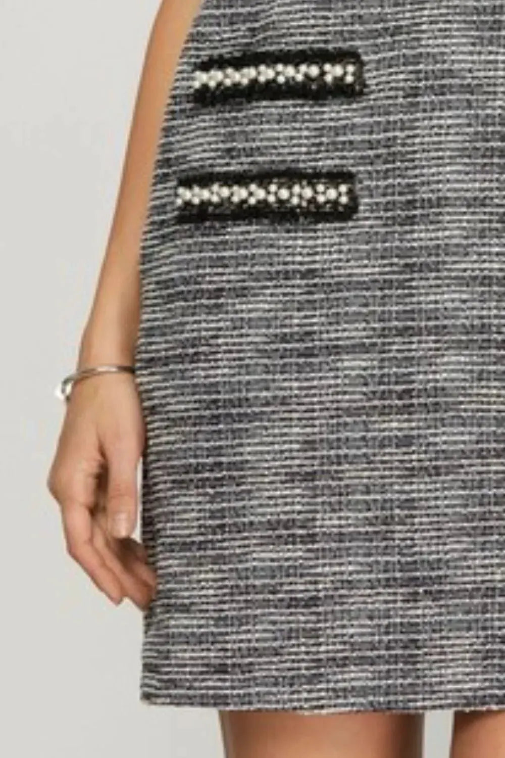 She + Sky Full Size Short Sleeve Pearl Studded Trim Knit Tweed Dress Plus Size by She + Sky