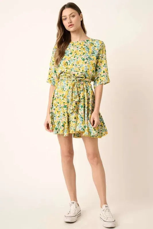 Mittoshop Floral Tie Waist Half Sleeve Mini Dress by Mittoshop