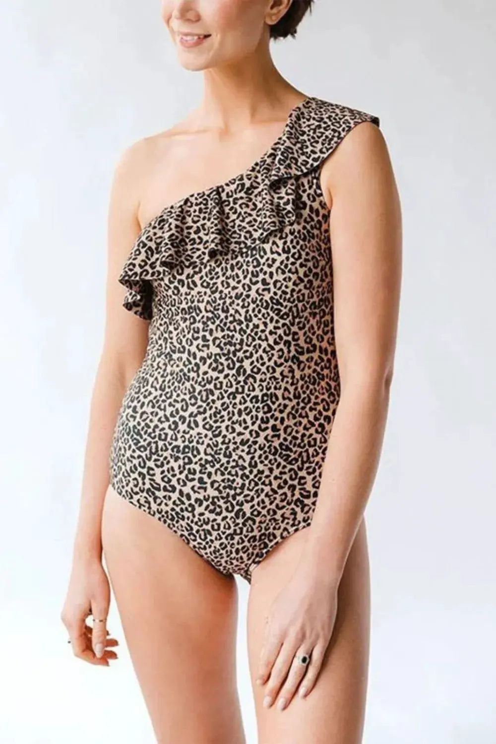 Full Size Ruffled Leopard Single Shoulder One-Piece Swimwear by Partner Label