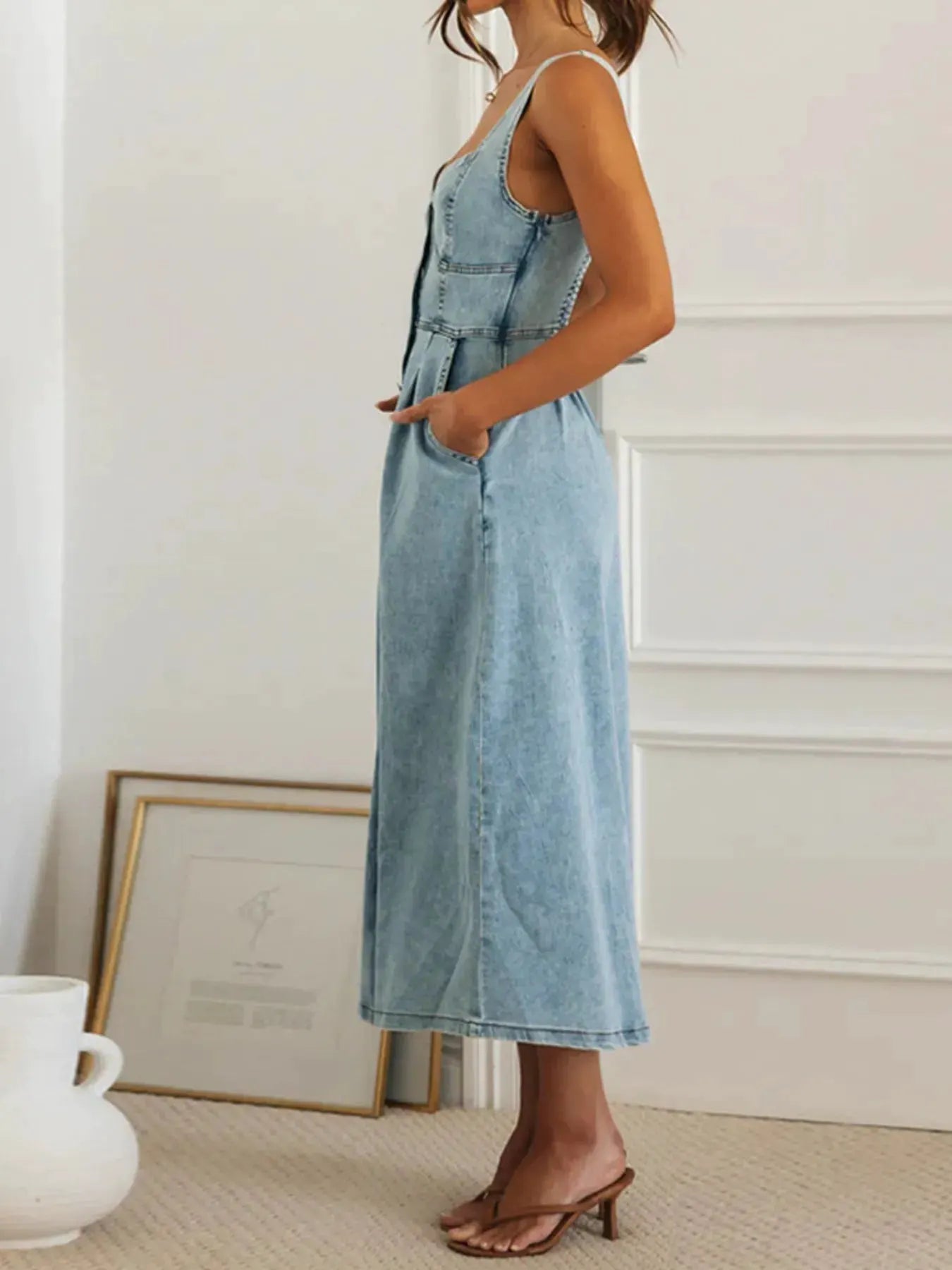 Sweetheart Neck Button-Front Midi Denim Dress by Partner Label