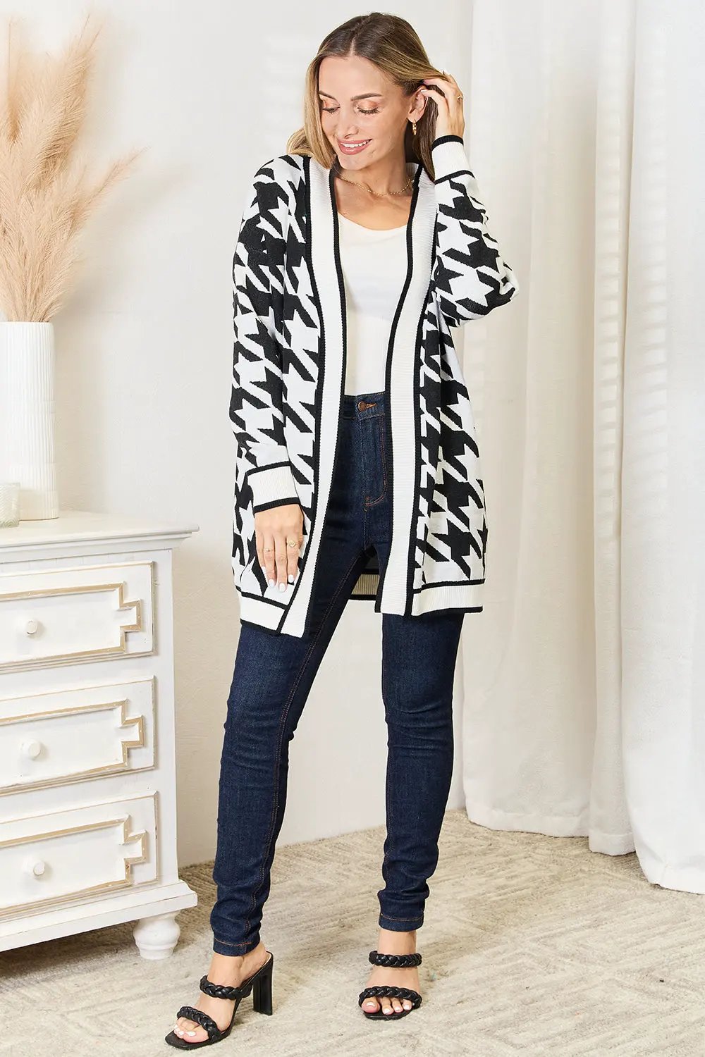 Mandy Woven Right Houndstooth Open Front Longline Cardigan by Woven Right