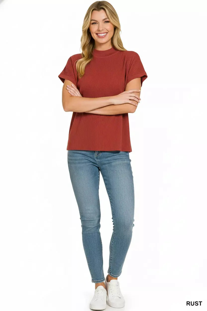 Zenana Viscose Mock Neck Short Sleeve Boxy Sweater by Zenana