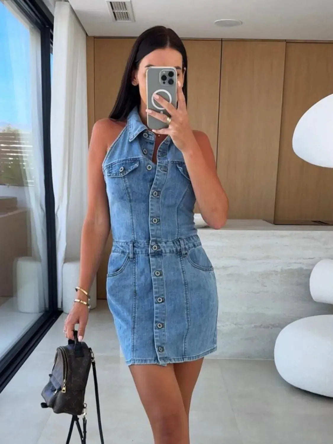 Button Front Sleeveless Denim Mini Dress by Partner Label