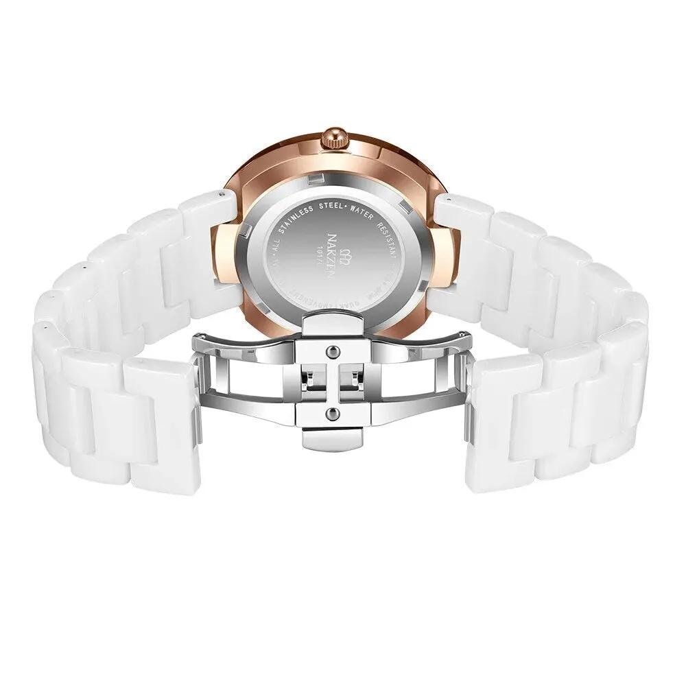 NAKZEN Women's Quartz Fashion Simple Ceramics Analogue Watch Ceramic Band 30M Waterproof Diamond Dress Watches relogio feminino 1017 by MEGIR WATCH GROUP