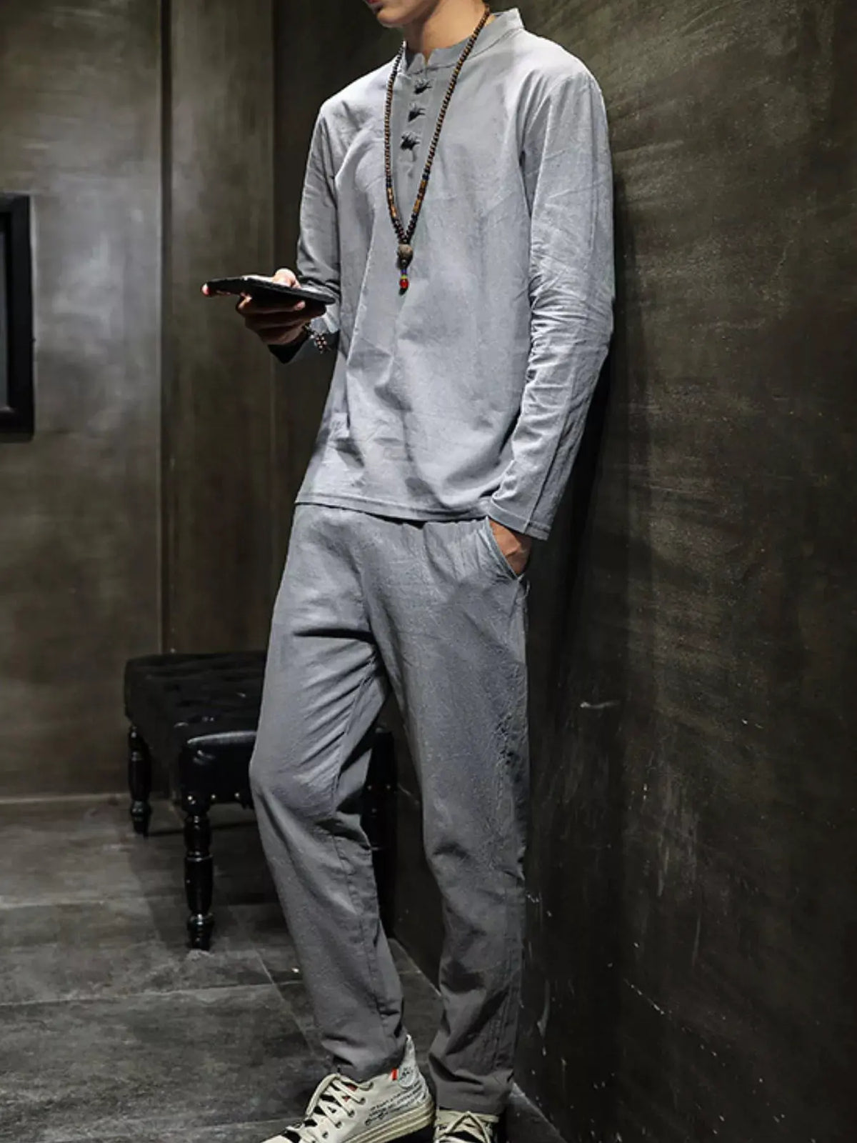 Men's Plus Size Button Detail Long Sleeve Top and Pants Set by Trendsi