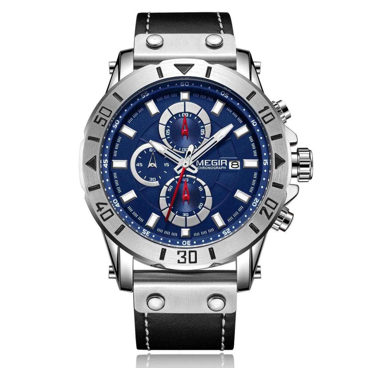 MEGIR Watch Men's Military Sport Wrist Watches Waterproof Leather Quartz Chronograph Calendar Luminous Clock Watch for Man 2081 by MEGIR WATCH GROUP