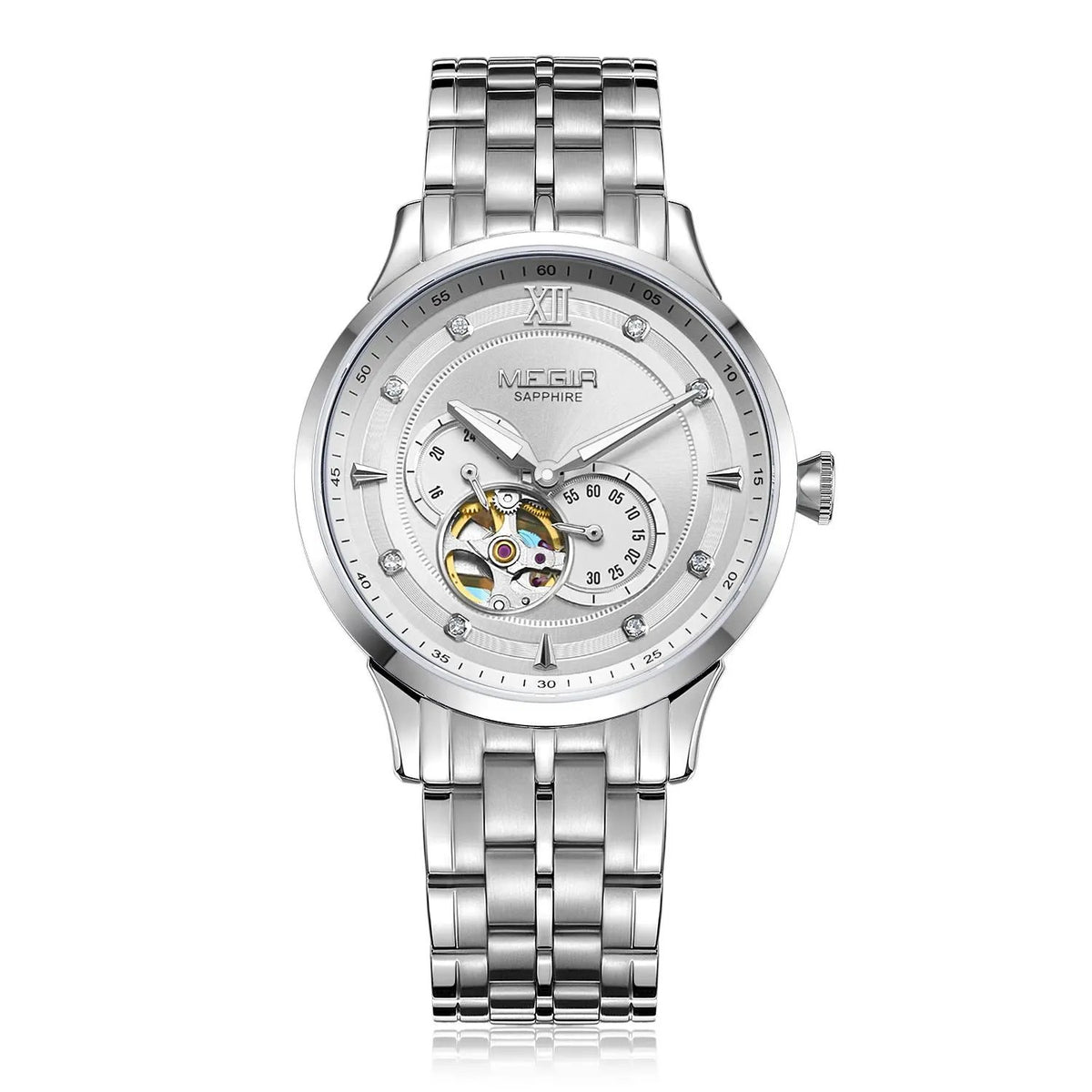 MEGIR Luxury Men Watches Stainless Steel Automatic Mechanical Watch Sapphire Steel Case Business WristWatch Montre Homme 62053 by MEGIR WATCH GROUP