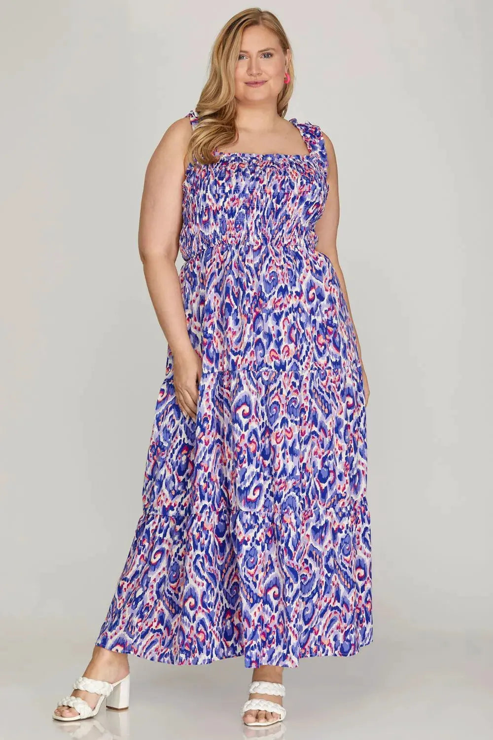 She + Sky Full Size Smocked Printed Wide Strap Tiered Dress Plus Size by She + Sky
