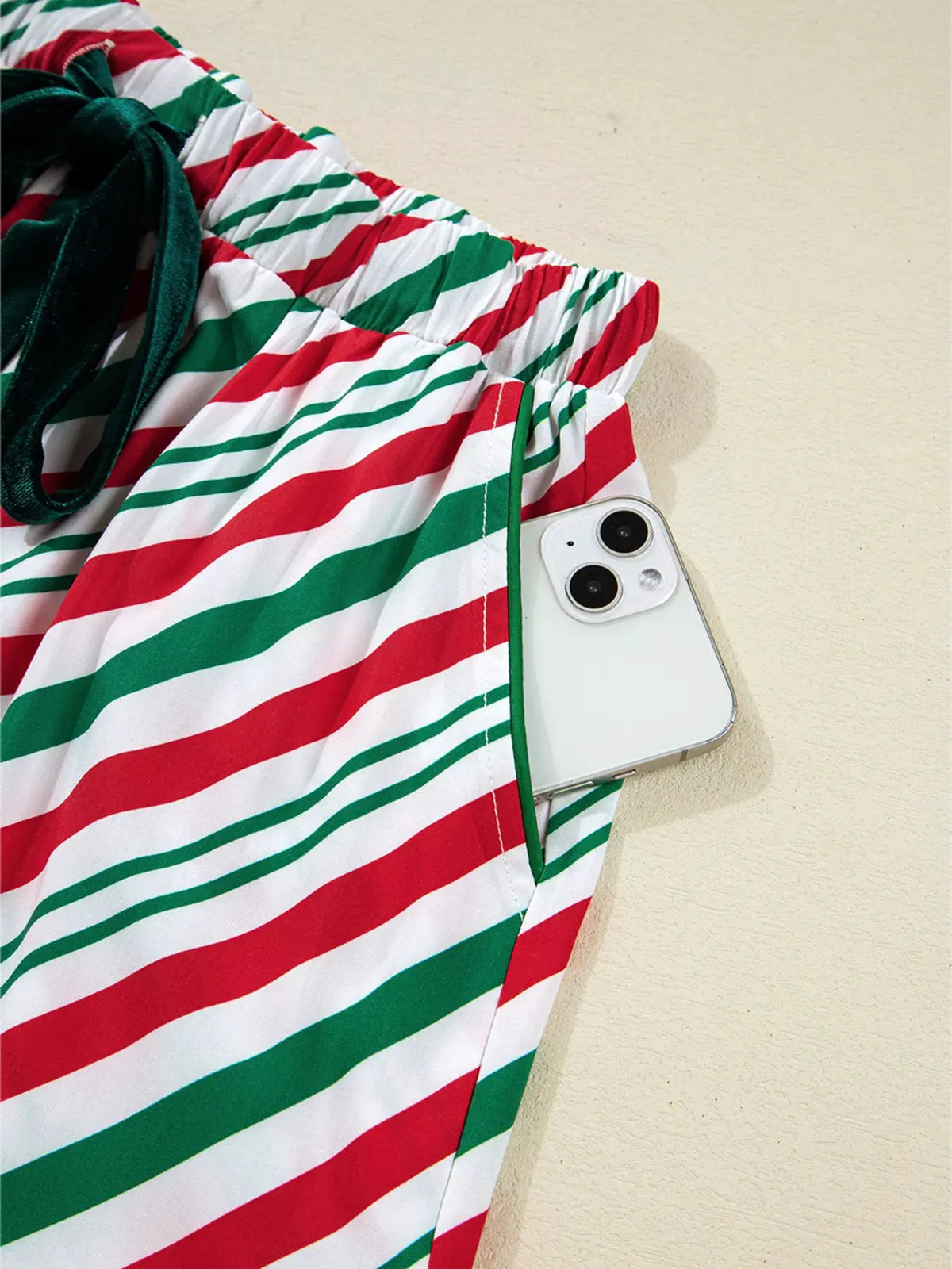 Stripe Contrast Velvet Ribbon Knot Christmas 2pcs Pajama Set by Partner Label