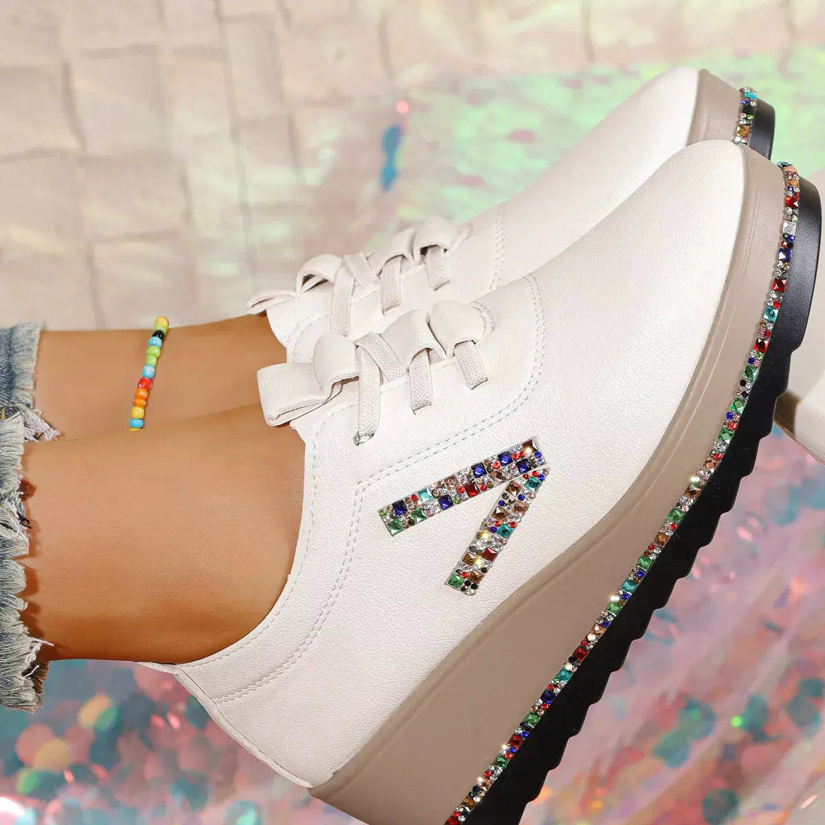 Rhinestone Round Toe Wedge Sneakers by Partner Label