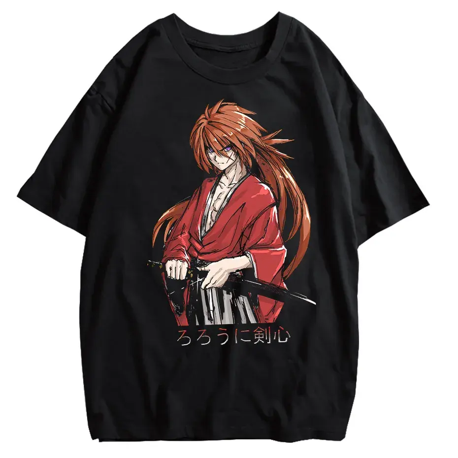 Rurouni Kenshin Washed Anime Graphic T-Shirt Men's Harajuku Streetwear Vintage Cotton Tee by Vimost Shop