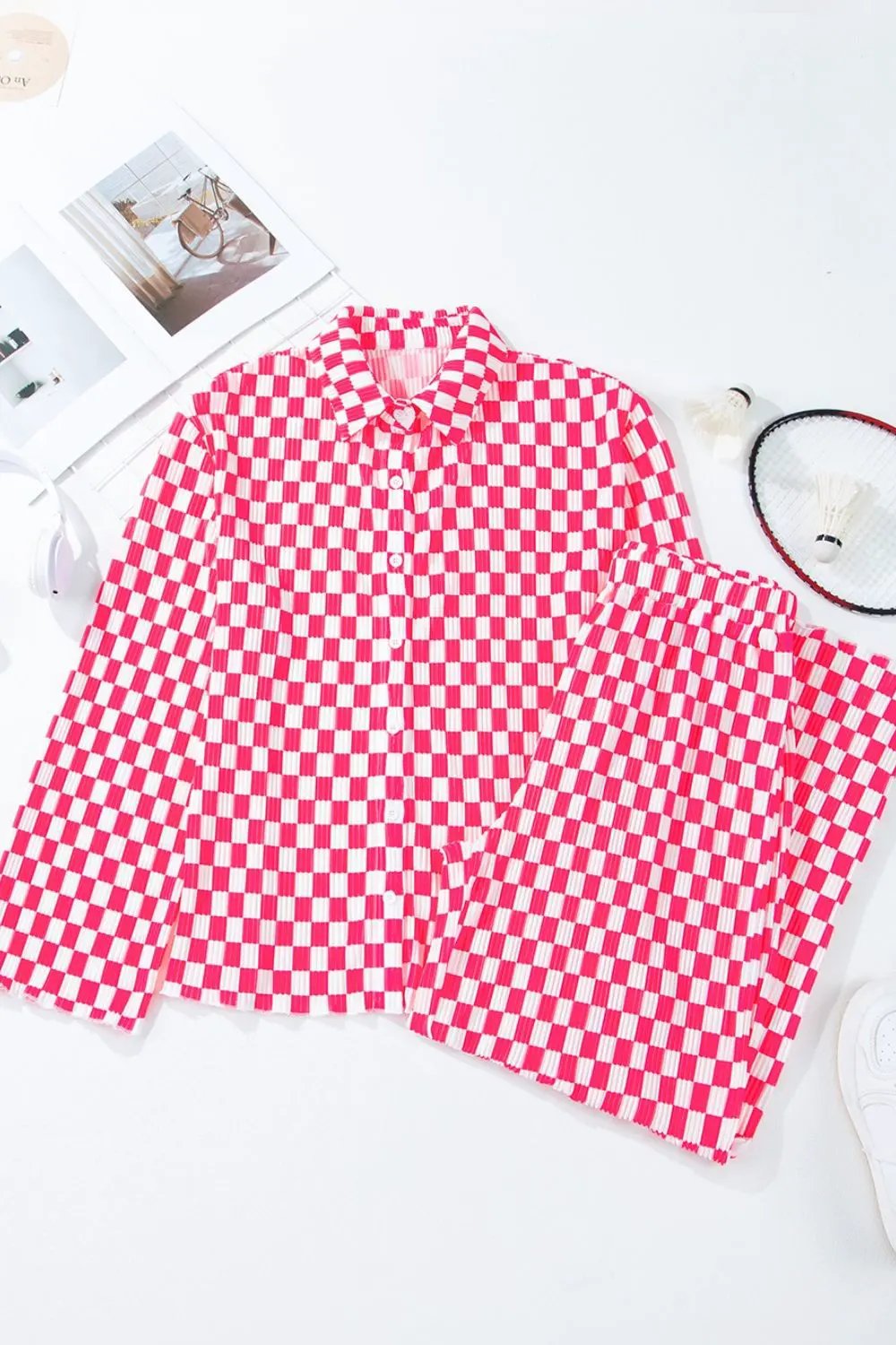 Checkerboard Print Long Sleeve Top and Pants Set by Partner Label