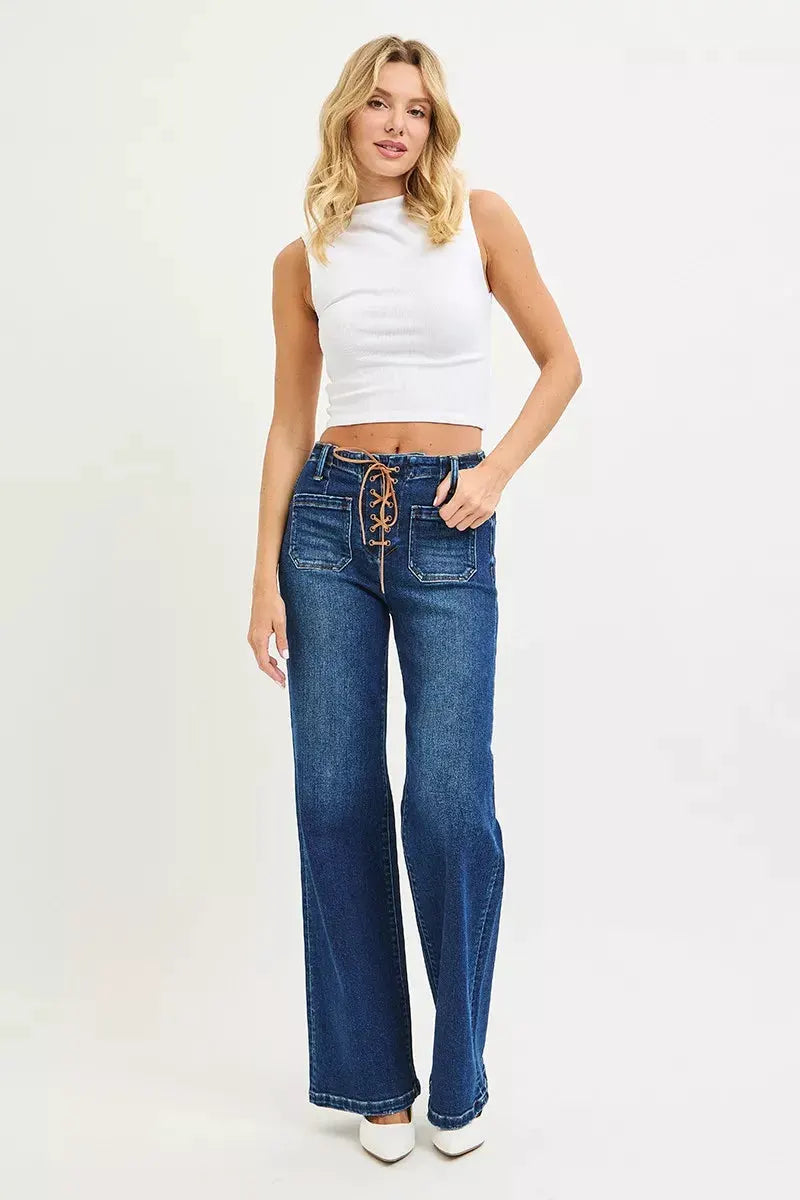 RISEN Full Size High Rise Wide Leg Jeans with Front Tie Detail Plus Size by RISEN