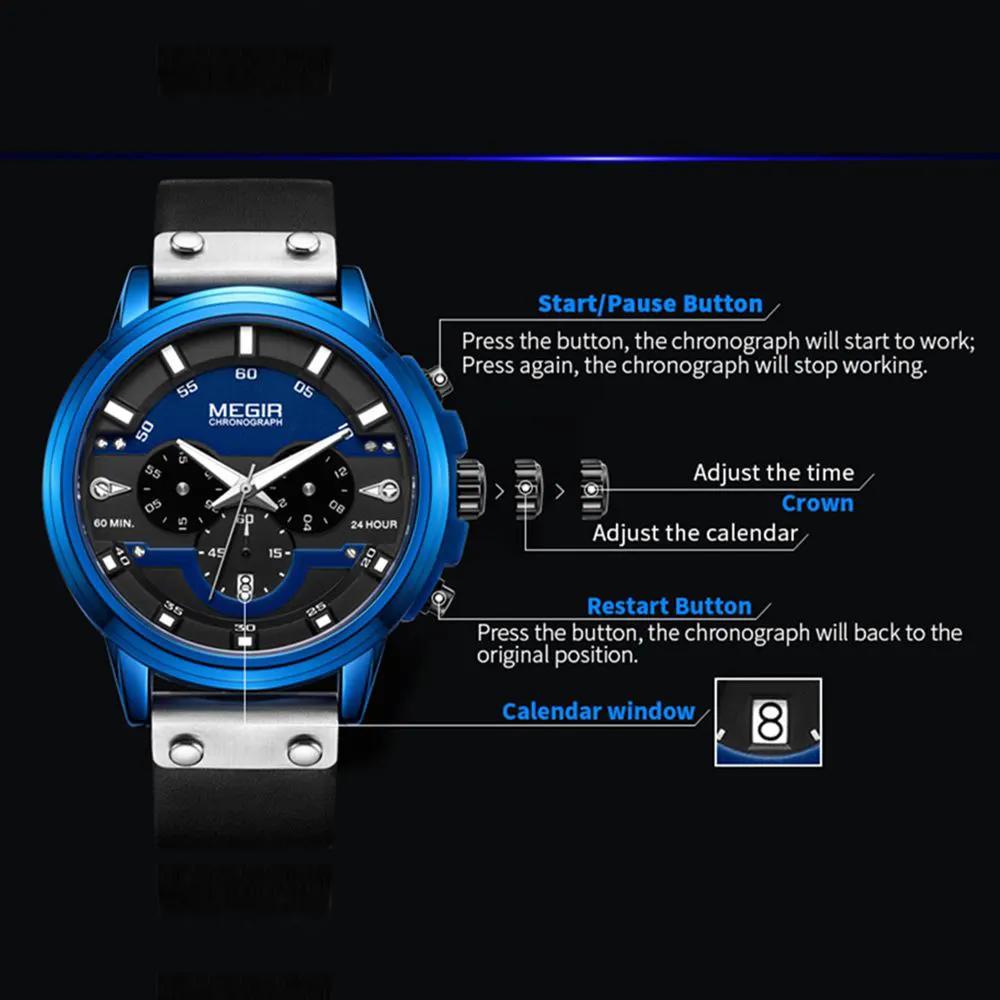 MEGIR Fashion Sport Watches for Men Large Dial Waterproof Luminous Quartz Wristwatch Chronograph Date Clock 24-hour 2080 by MEGIR WATCH GROUP