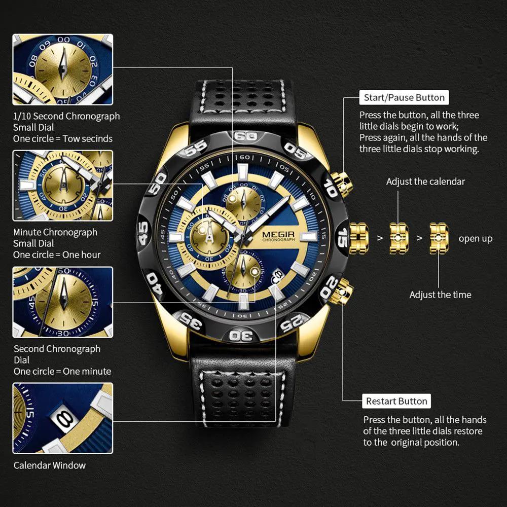 MEGIR Fashion Men's Watch Multifunctional Casual Sport Wristwatch Waterproof Luminous Male Quartz Chronograph Reloj Hombre 2096 by MEGIR WATCH GROUP