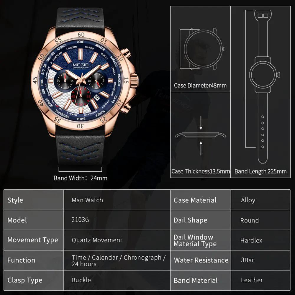 MEGIR Men Sport Watch Luxury Leather Strap Casual Quartz Chronograph Waterproof Luminous Male Wristwatch Relogio Masculino 2103 by MEGIR WATCH GROUP