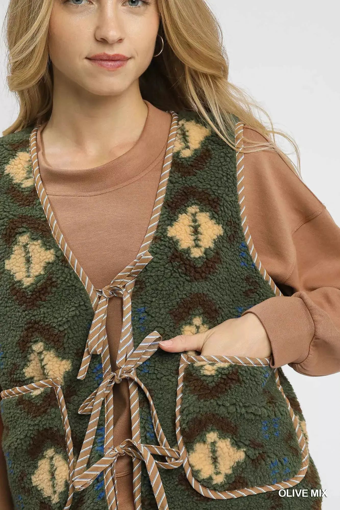 Umgee Mix Patterned Sherpa Tie-Front Vest by Umgee