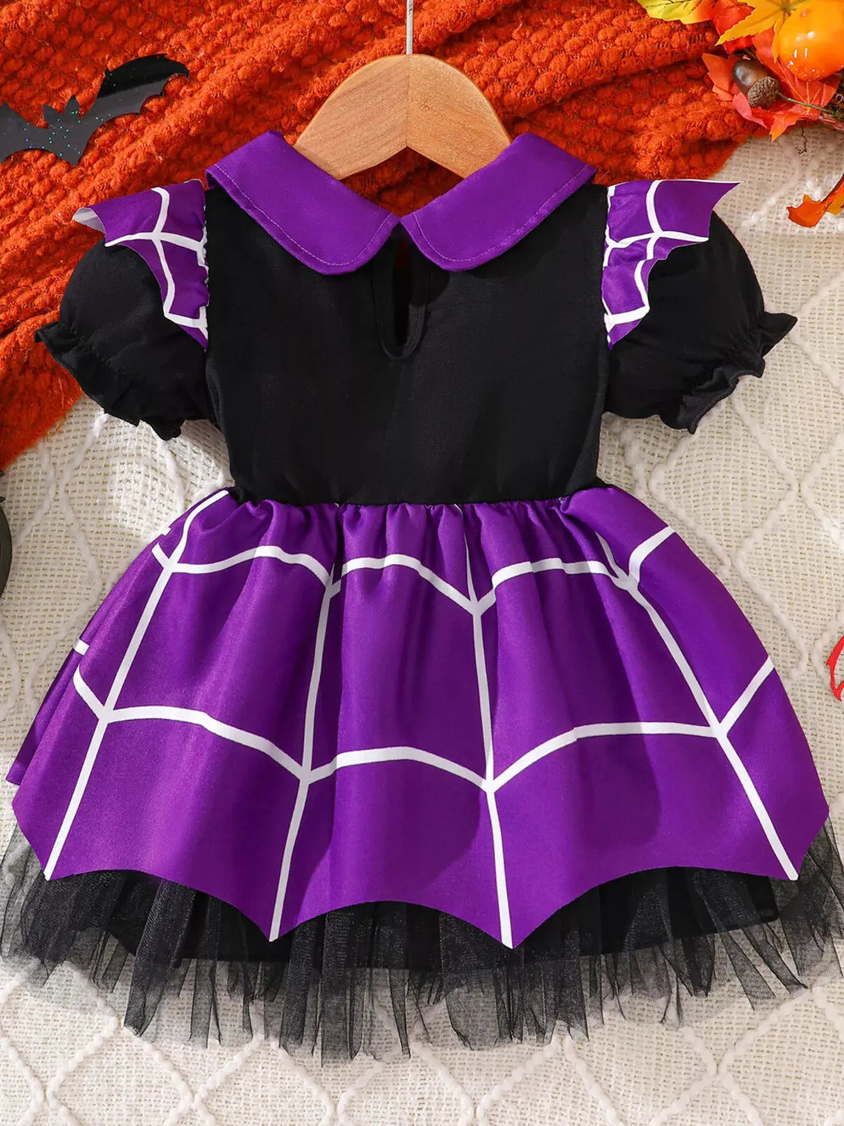 Children's Halloween Spiderweb Print Peter Pan Collar Dress by Trendsi