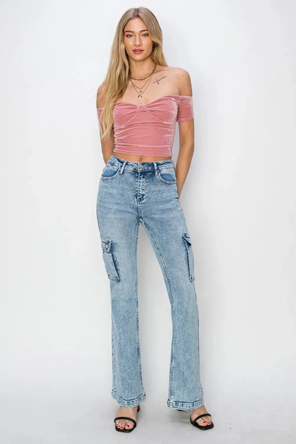 RISEN Full Size High Rise Cargo Flare Jeans by RISEN